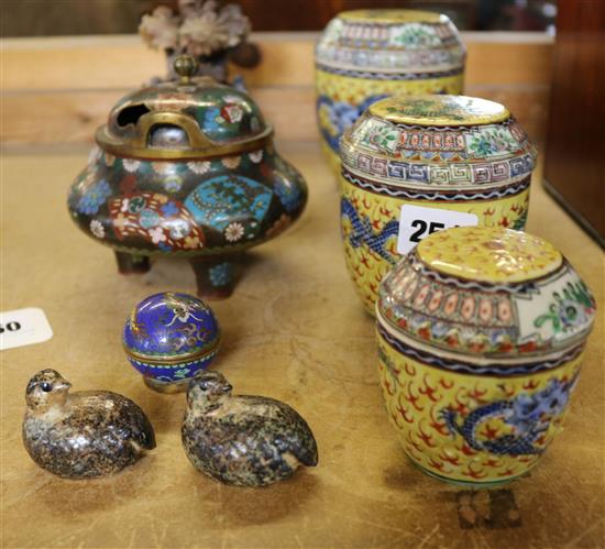 Oriental items - cloisonne enamel koro & cover, similar pot, a nest of three porcelain, jars and covers and a soapstone carving